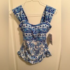 Maxine of Hollywood Positano Paisley Cap Sleeve Tankini Top Swimsuit in Blue